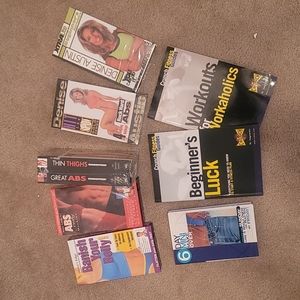 Lot of Assorted exercise and fitness VHS tapes, 1 cassette tape, and books.